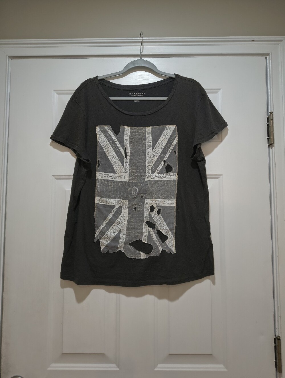 Denim & Supply Ralph Lauren Black Short Sleeve Tee with Distressed Union Jack XL